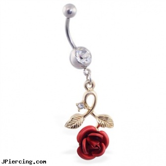 Navel Ring with Dangling Gold Colored Stem with Rose And Tiny CZ, about navel piercings, piercing navel and photographs, jewelry rings navel rings, tongue ring infections, alphabet belly rings