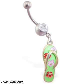 Navel ring with dangling green flipflop with flowers, nose navel tongue rings official playboy, elvis navel barbell, navel belly jewelry, playboy nipple rings, porky pine labret ring