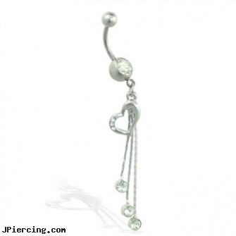 Navel ring with dangling heart and chains with gems, navel piercing info, body piercing navel clamps, navel piercings, non piercing nipple ring, sterling cock ring