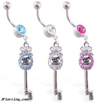 Navel ring with dangling jeweled \"Juicy\" key, body piercing nipple navel, navel piercing in boston, free navel rings no credit cards neeeded, belly ring outlet, tigger slave belly ring