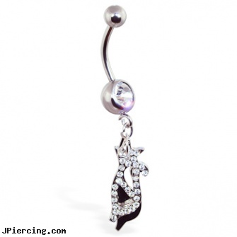 Navel ring with dangling jeweled cat and steel cat back, belly button rings navel jewelry, custom navel rings, prism navel ring, tinkerbell belly button ring, cock ring suppliers london