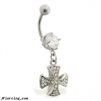 Navel ring with dangling jeweled celtic cross, silver navel ring, how to navel piercing, self navel piercing, belly button rings for sale, nipple rings for women
