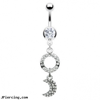 Navel ring with dangling jeweled circle and moon, allergic navel piercings, dangers of navel piercings, titanium navel belly rings, 18 gage nose rings, hello kitty belly button ring