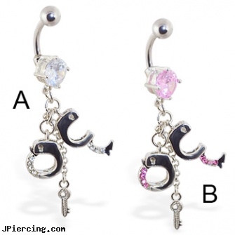 Navel ring with dangling jeweled handcuffs and key, padlock navel ring, navel peircings, navel piercing and hipiclens, non piercing nipple ring, replacement tongue ring