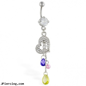 Navel ring with dangling jeweled heart and multi-colored dangles, 14 kt gold plated belly button navel ring, navel piercing songs, information on navel piercings, infant nipple and ring, cock ring hinge weight