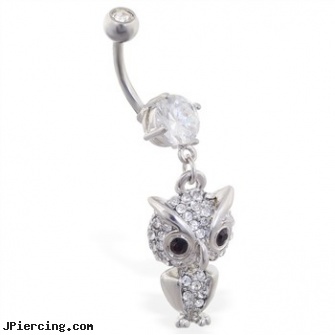 Navel Ring With Dangling Jeweled Owl, navel piercing faq, surgical steel navel jewelry, jewish navel jewelry, by her nipple ring, how to take out an eyebrow ring