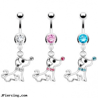 Navel ring with dangling jeweled puppy dog, pregnant navel rings, navel rings belly button, frog navel rings, hello kitty belly ring, dangling belly button rings