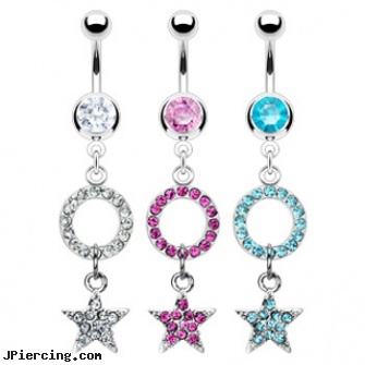 Navel ring with dangling jeweled star and circle, changing navel ring, piercing navel take it out, navel piercing articles, belly ring care tips, cock ring information