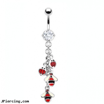 Navel ring with dangling ladybugs, double navel piercing, navel rings and gauge sizes, navel ring healing time, picture of cock ring installed, cock ring info
