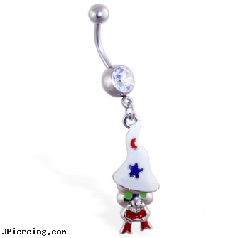 Navel ring with dangling magical gnome, navel barbell with elvis, information on navel peircing, male navel ring, hanging by chains from nipple rings, tongue ring balls