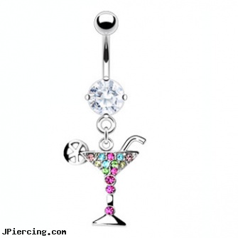 Navel ring with dangling multi-colored jeweled martini, quad navel ring, navel jewelry gold, care of navel rings, hanging by nipple rings, dick rings