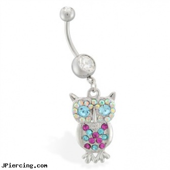 Navel ring with dangling multi-colored jeweled owl, sparkley navel jewelry, navel ring gallery, popular navel jewelry, belly button rings discount, nose rings vancouver