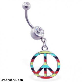 Navel ring with dangling multi-colored peace sign, 99 cent navel rings, cost of navel piercing, white gold top down navel rings, buy wholesale lo rings and body jewelry, brown penis ring