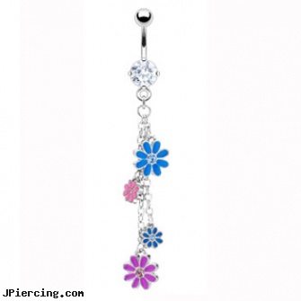 Navel ring with dangling multicolored flowers, piercing navel take it out, navel piercing infection pictures, navel jewelry surgical stainless steel internal thread, belly button rings clearance, stores that sell non-piercing belly button rings