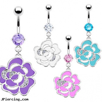 Navel ring with dangling painted rose, navel ring during pregnancy, nose navel tongue rings, male navel ring, diamond nipple rings, clip on clit ring