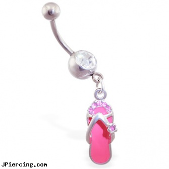Navel ring with dangling pink flipflop with flower, spiral navel ring, navel piercing infected, large gauge navel body piercing jewelry, nipple rings wholesale, non pierced nipple ring
