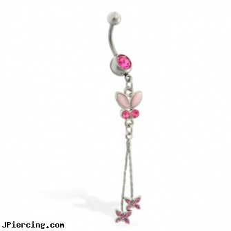 Navel ring with dangling pink jeweled butterflies on chains, discount navel belly button rings, gold navel barbells 8mm, holiday navel rings, nipple adapter ring, bitch tongue ring
