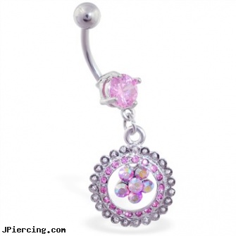 Navel ring with dangling pink jeweled circle with flower, navel piercing ideas for free, 16 gauge navel rings, free navel rings no credit cards neeeded, naval rings, dragon belly button rings