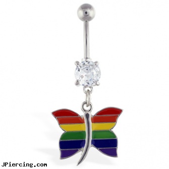 Navel ring with dangling rainbow butterfly, studio katia navel rings, strawberry shortcake belly ring navel, large gauge navel body piercing jewelry, smiley face nose ring, stone dolphin nipple rings