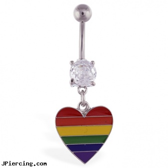 Navel ring with dangling rainbow heart, wholesale navel rings, navel piercings, nose navel tongue rings, betty boop belly ring, tongue rings