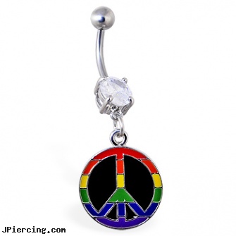 Navel ring with dangling rainbow peace sign, college navel rings, navel piercing procedure pictures, navel piercing barbell titanium, girls getting nipple rings, gold opal belly button ring