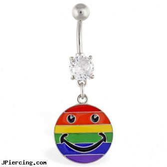 Navel ring with dangling rainbow smiley face, reverse loop navel rings, navel ring removal, longhorn navel ring, belly button polyhedren ring, create your own tongue ring