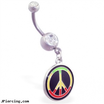 Navel ring with dangling rasta colored peace sign, celtic body jewelry navel, problems with navel piercing, platinum navel jewelry, earring piercing kits, care for tongue ring