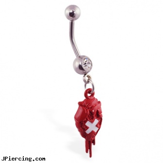 Navel ring with dangling red bloody patched heart, pisces navel rings, parents of teens who want navel piercings, piercing infection navel, labret rings, making non piercing nipple rings jewelry