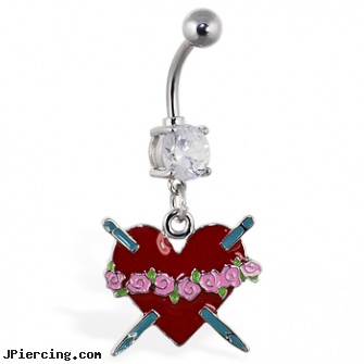 Navel ring with dangling red heart with roses and daggers, solid gold navel jewelry, navel belly rings, after care for navel piercings, buy tongue ring, belly button rings fairy jewlery