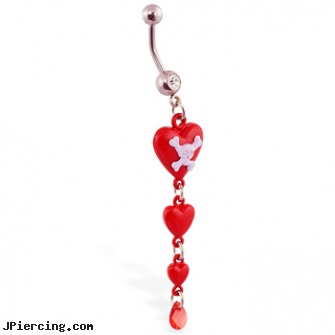 Navel ring with dangling red hearts and skull, belly navel rings for sale, elvis navel barbell, navel piercing, dallas cowboys logo nipple ring, clit ring vibrator