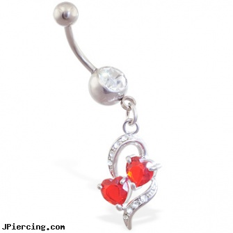 Navel ring with dangling red jeweled hearts within a heart, white gold navel ring, navel piercing projects, navel ring teen, tongue rings, cock rings and how to fit