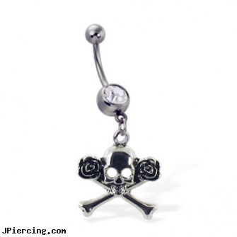 Navel ring with dangling skull and crossbones with roses, 16 gauge navel rings, cost of navel piercing, claddah navel ring, light up tongue ring, non piercing nipple jewelry with interchangeable base rings
