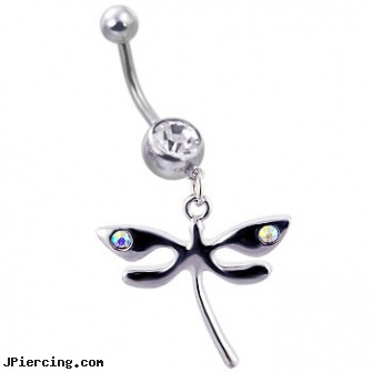 Navel ring with dangling steel dragonfly with ab gems, navel piercing body jewelry, navel retainer, surgical steel navel rings, tongue ring blowjobs, women nipple rings