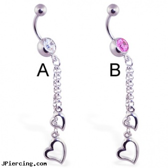 Navel ring with dangling steel hearts, non-piercing navel rings, 14 karat 16 guage navel rings, nickel free navel rings, anal stimulating cock ring, cock rings with butt plugs