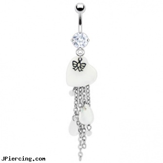 Navel ring with dangling white heart, chains and bow, do navel peircings hurt, 14kt gold navel jewelry, navel ring removal, viborating tongue ring, exotic tongue rings