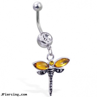 Navel ring with dangling yellow dragonfly, pregnant navel rings, 14kt gold navel jewelry, navel accesories, fine jewelry belly button rings, fun belly rings