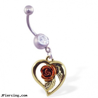 Navel ring with dangling yellow heart with pink rose, navel piercing songs, quad navel piercing, navel piercing in boston, belly rings for sale, nose screw mood rings