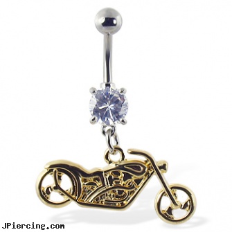 Navel ring with dangling yellow motorcycle, navel piercing info, information on navel piercings, keloid navel piercing, penis ring pierce, caring for belly piercings