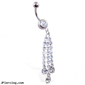 Navel ring with jeweled chain dangles, change navel piercing, navel barbell with elvis, how to care for navel piercings, can you breast feed with nipple rings, surgical placement of rings in cock and scrotum