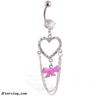 Navel ring with large dangling jeweled heart and bow with chains, navel studs, black onyx navel ring, low rider pants navel ring sex, dangers of tongue rings, girls with nose rings