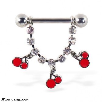 Nipple ring the dangling jeweled chain and cherries, 12 ga or 14 ga, men with nipple piercings, rings nipple, britney spears nipple ring, baseball and belly button rings, ear plug earrings