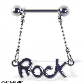 Nipple ring with dangling \"ROCK\", pictures of nipple and clit rings, take care of nipple piercing, piercings nipple, torn lip ring, dangling belly button rings