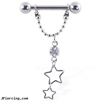 Nipple ring with dangling chain and stars, 12 ga or 14 ga, nipple piercing london, free nipple rings, nipple piece, tounge ring, mulitple body piercings and hiring