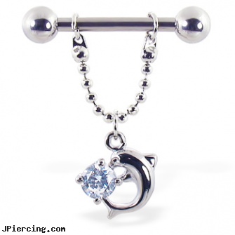 Nipple ring with dangling chain, dolphin and gem, 12 ga or 14 ga, nipple piercing rings, body and jewelry and nipple, nipple bondage and piercing, cock rings and toys, ring