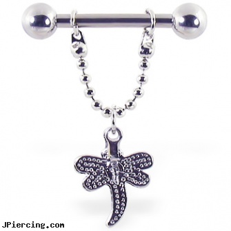 Nipple ring with dangling dragonfly, 12 ga or 14 ga, nipple adapter ring, extreme nipple piercings, 14k non piercing nipple jewelry, zipper belly button ring, different types of tongue rings