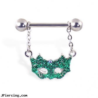 Nipple Ring with Dangling Green Masquerade Mask, 14 Ga, nipple piercing video, pictures of nipple piercings, nipple piercing stretch, cock ring with push button release, auctions belly rings