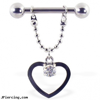 Nipple ring with dangling hollow heart and gem on a chain, 12 ga or 14 ga, female nipple jewelry, nipple piercing female history, non piercing adjustable nipple charms, vibrateing cock rings, mood belly rings