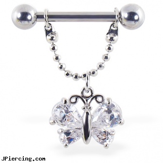 Nipple ring with dangling jeweled butterfly on chain, 12 ga or 14 ga, diamond nipple rings, nipples piercings, nipple necklace jewelry, cock rings, flexable tongue rings