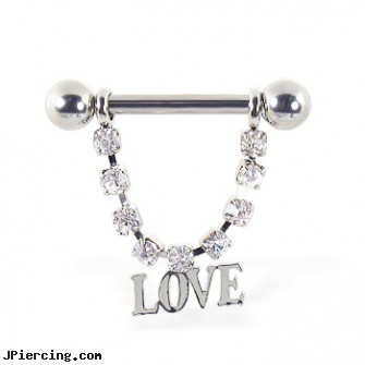 Nipple ring with dangling jeweled chain and \"LOVE\", 12 ga or 14 ga, ariana nipple ring, nipple ring pics, nipple shield body piercing, titanium navel belly rings, penis pumps rings
