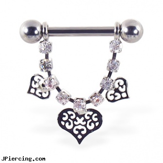 Nipple ring with dangling jeweled chain and fancy hearts, 12 ga or 14 ga, clip on nipple rings, courtney peldon nipple ring say it isnt so, nipple piercing questions, logo navel rings, silicone cock rings